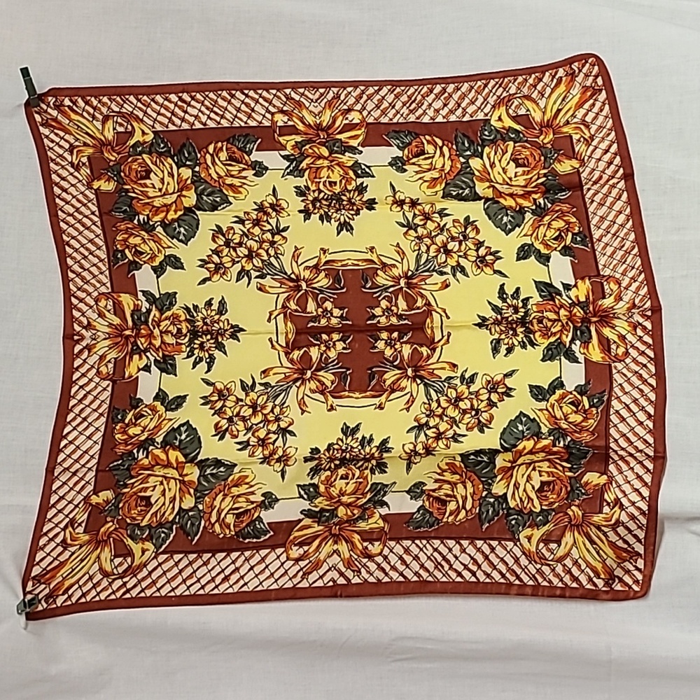 Vintage 31" Square Scarf Gold Brown Floral & Bow Motif